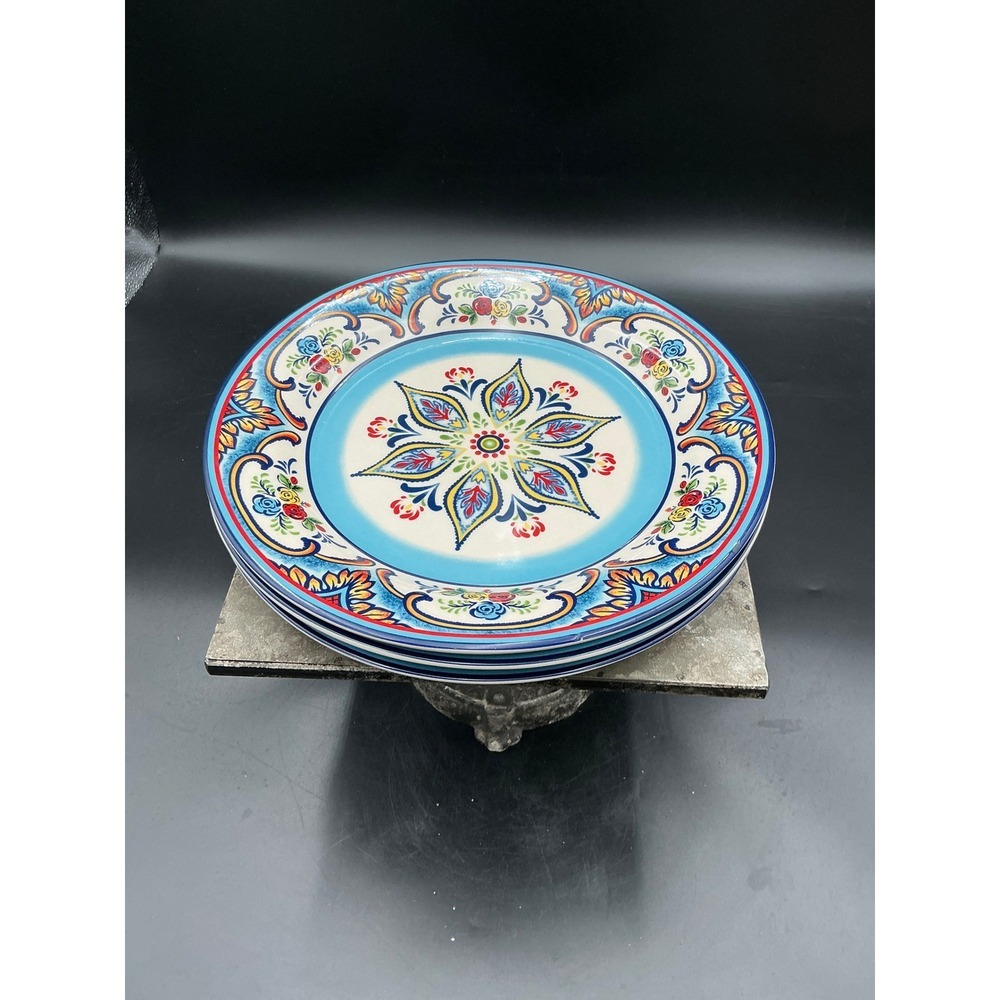 Euro Ceramica Zanzibar Dinner Plates Set of 3 Blue Floral Spanish Design 10.75in